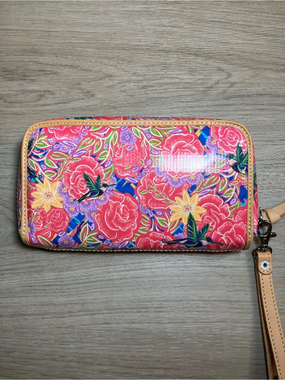 Consuela Pink Floral Embossed Zip Wristlet with Tan Strap